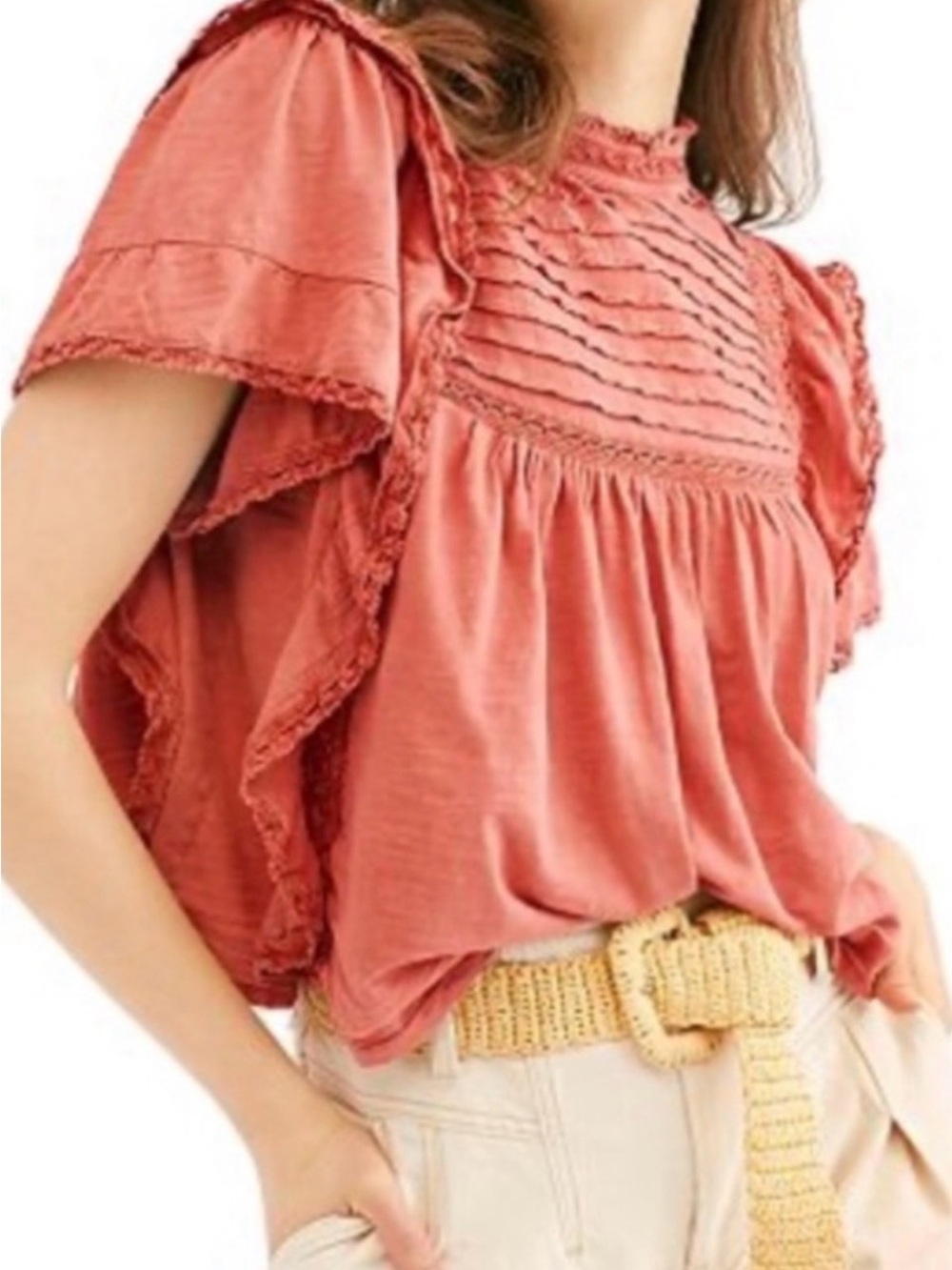 Free People Top Ruffle Mock Neck Lace Trim XS Boho Prairie Cottagecore Romantic